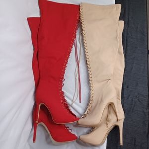 Glaze Over the Knee Stilettoes Peep Toe Boots, Red, Nude, Women's Size 10